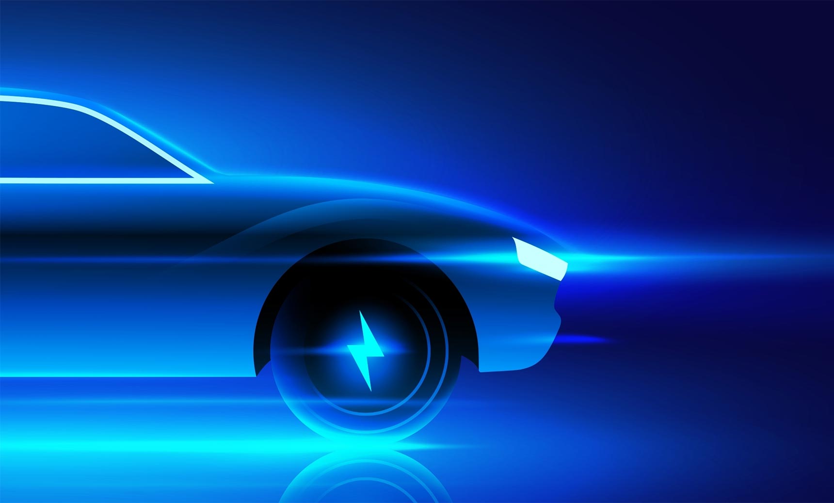 Illustration of a blue electric vehicle with light streaming from it against a black background.
