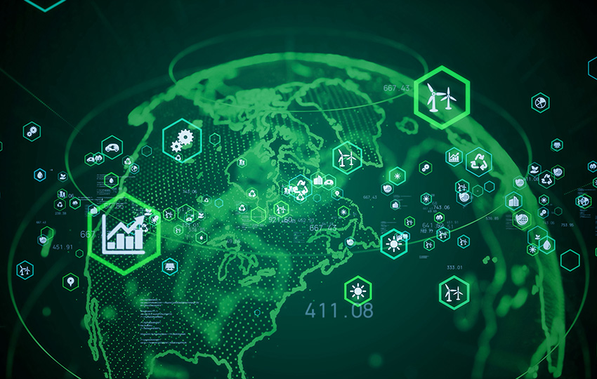 Digital illustration of the world outlined in green against a dark background, with various renewable energy icons and numbers floating around.