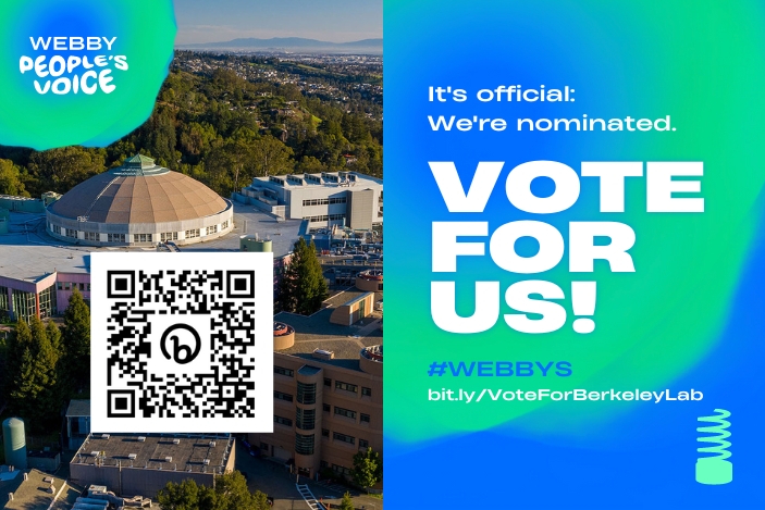 A graphic displaying an aerial view of Berkeley Lab with the words "Vote for us" and a QR code that can be scanned to vote for us in the People's Voice category.