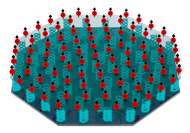This illustration of the quantum sensor shows trapped beryllium ions (red dots) arranged into a 2D crystal.