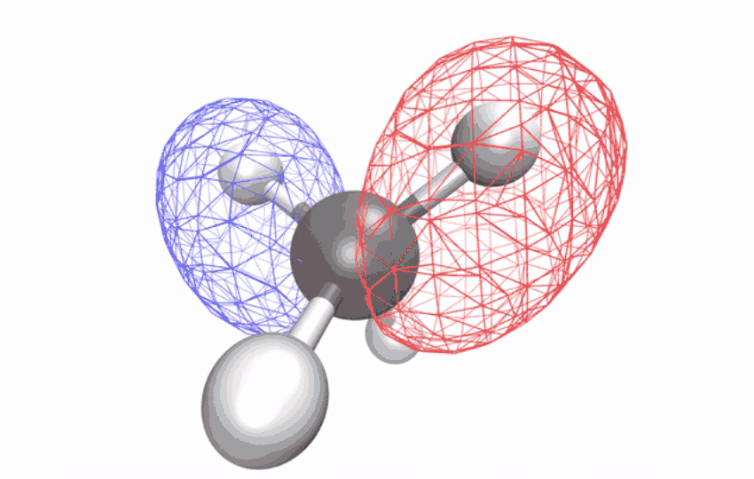 Methane atom relaxing and distorting in motion