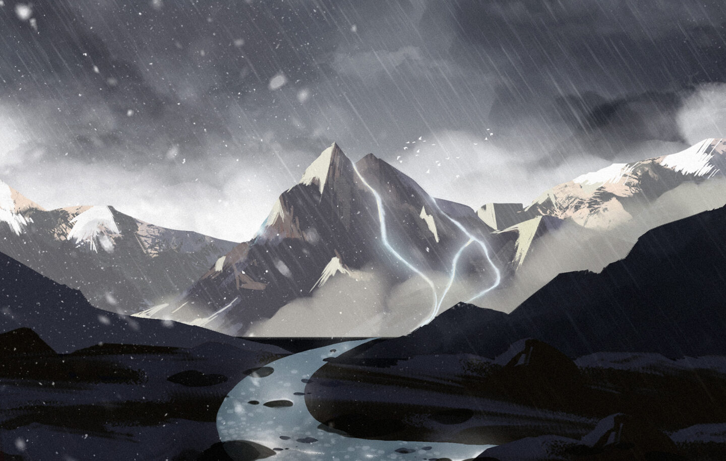 Ilustration of snowcapped mountains in the rain, with gray clouds above.