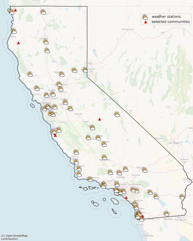 California geographic map illustrating a selection of communities suitable for microgrid implementation.