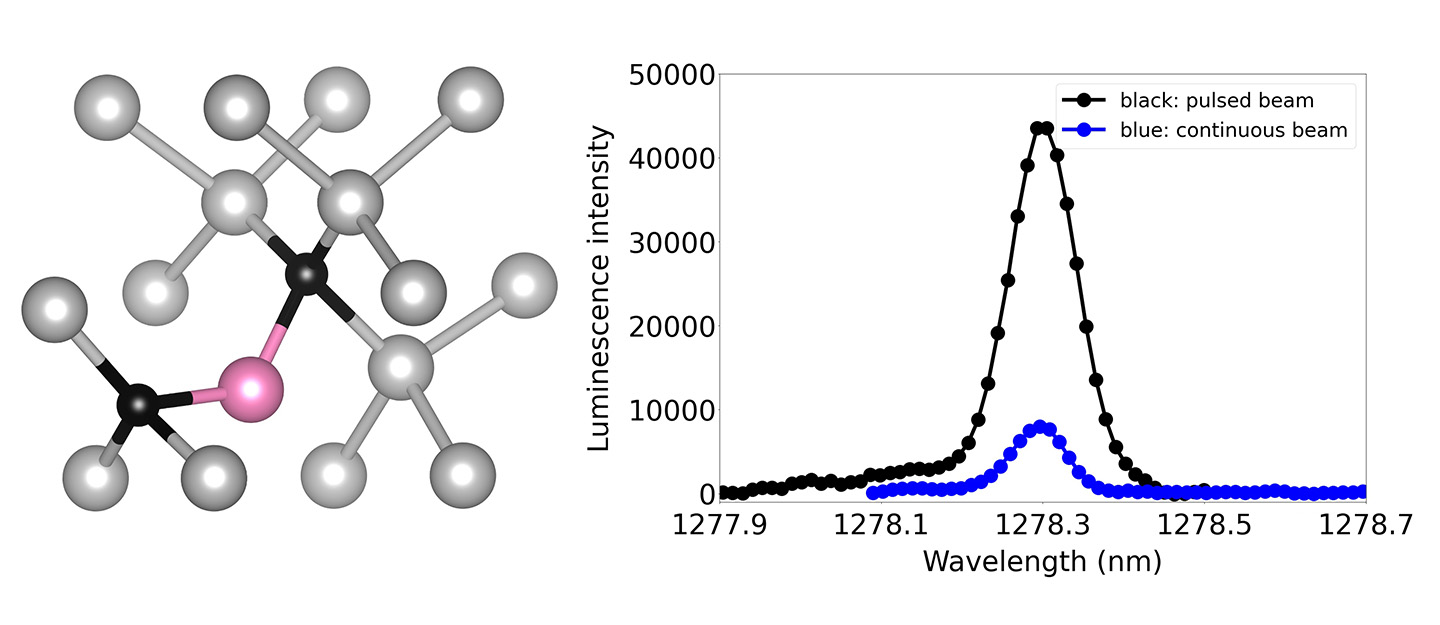 Scientific figure and graph. Left, model of the atomic structure of the quantum light-emitting defect in silicon (grey), composed of two substitutional carbon atoms (black), and one silicon interstitial atom (pink). The size of the quantum emitter is about 1 nanometer (1 billionth of a meter). Right, spectra from quantum emitters showing more intense light emission following exposure of a silicon crystal to a high flux of protons from intense pulses (black) compared to the conventional method of low flux exposure to protons over extended periods of time (blue).