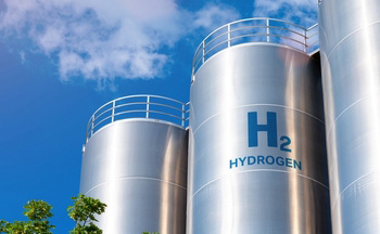 Hydrogen tanks against a blue sky.