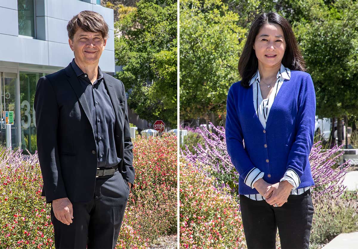 Berkeley Lab battery scientists Gerbrand Ceder (left) and Guoying Chen photographed outdoors.