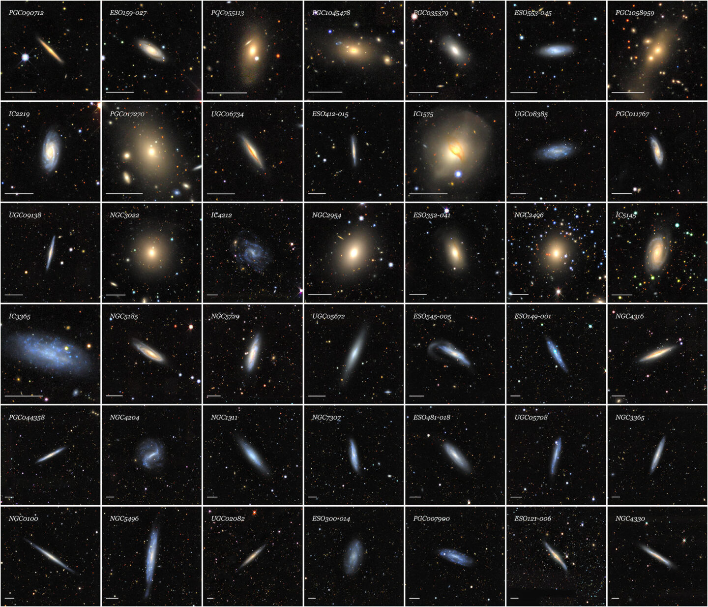 A selection of 42 galaxies from the Siena Galaxy Atlas arranged in a 6x7 chart.