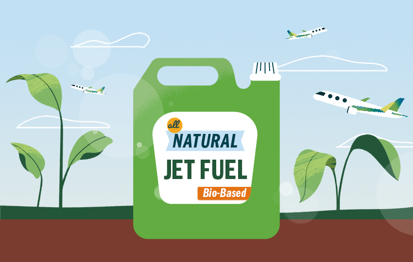 A biofuel canister in front of planes and crops.