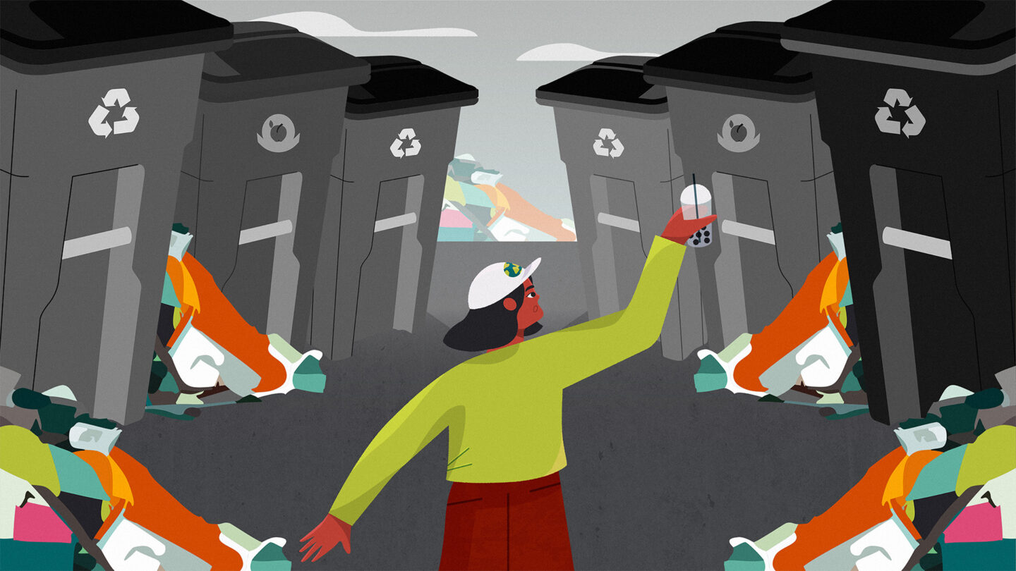 A cartoon-style graphic of a woman in green holding a plastic cup looking at a range of different gray recycling bins with piles of multicolored waste piled around them.