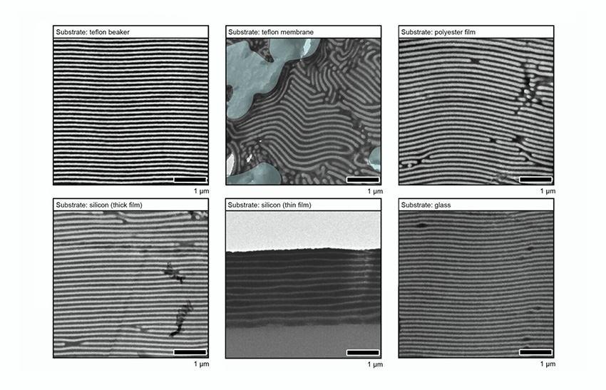 Transmission electron microscope (TEM) images of the new 2D nanosheet as a barrier coating that self-assembles on a variety of substrates: a Teflon beaker and membrane, polyester film, thick and thin silicon films, and glass.