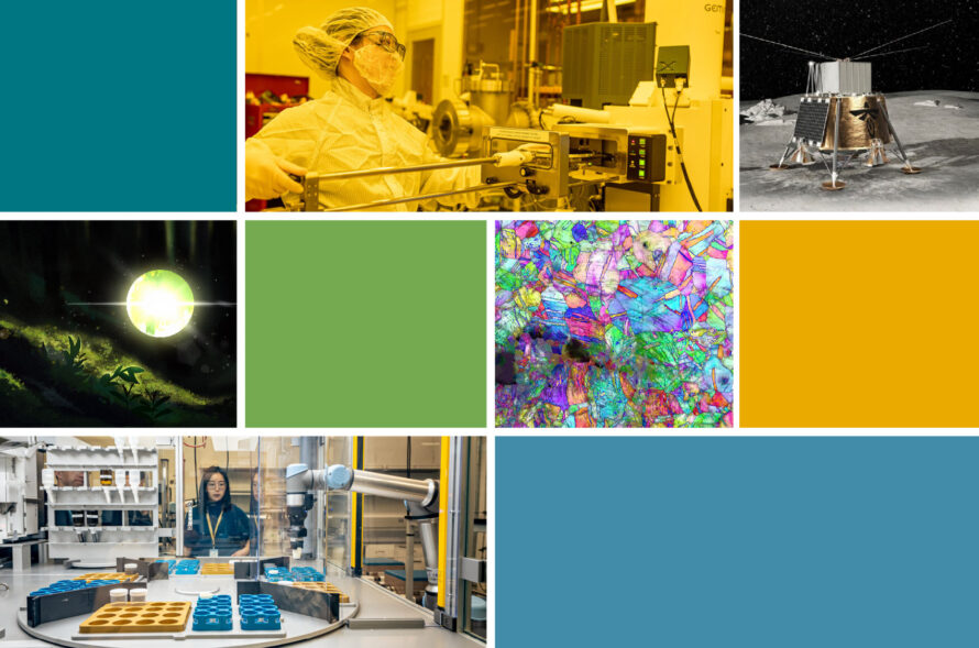 Photo collage mixed with four solid color squares. Photos depict a photon, an autonomous lab, a chip manufacturing and testing facility, a radio on the dark side of the moon, and a nano shot of a colorful material.