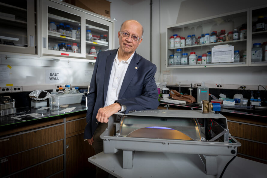 Ashok Gadgil, Physicist Senior Faculty Scientist/Engineer, Energy Technologies Area (ETA), photographed with the UV Waterworks device, a low-cost and efficient water purifier that utilizes ultra-violet light to render viruses and bacteria harmless, at his lab on the UC Berkeley campus, Berkeley, California, 03/27/2023.