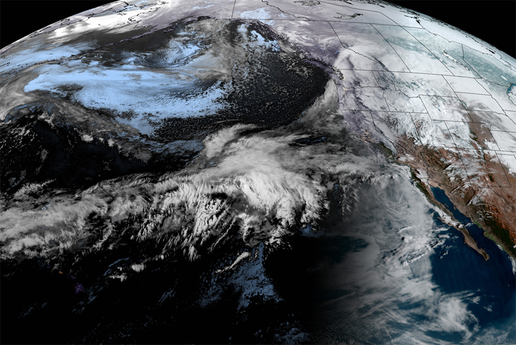 Aerial view of atmospheric rivers developing over the Pacific.