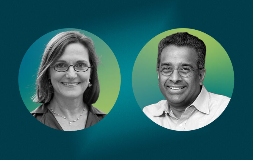 Two black and white profile pictures of a female scientist and a male scientist on a green gradient background
