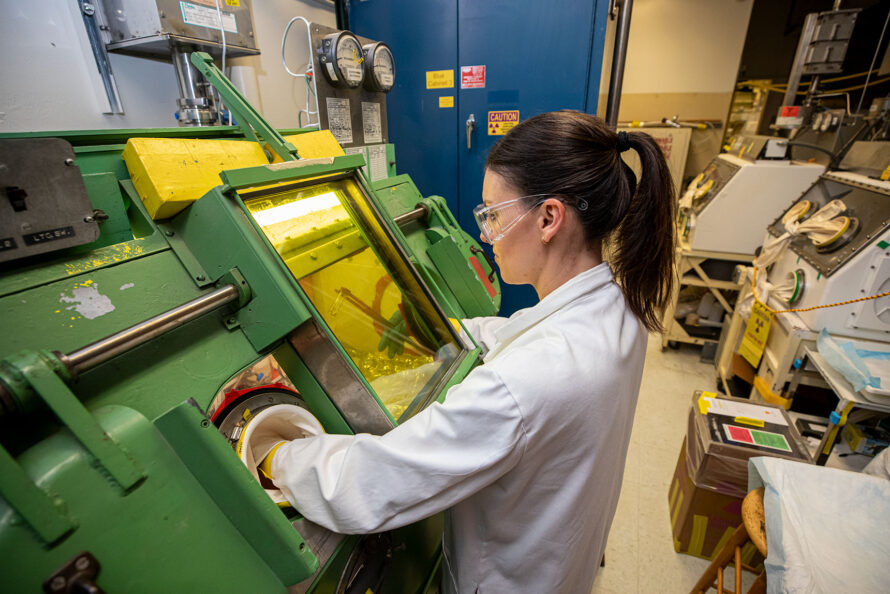 Jen Wacker processes a sample of actinium at Berkeley Lab.