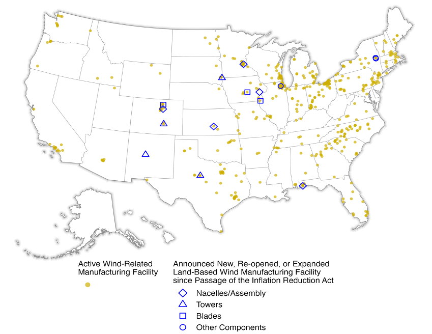 Map of the United States of America with markers indicating new, re-opened, or expanded land-based wind manufacturing facilities since the passage of the Inflation Reduction Act.