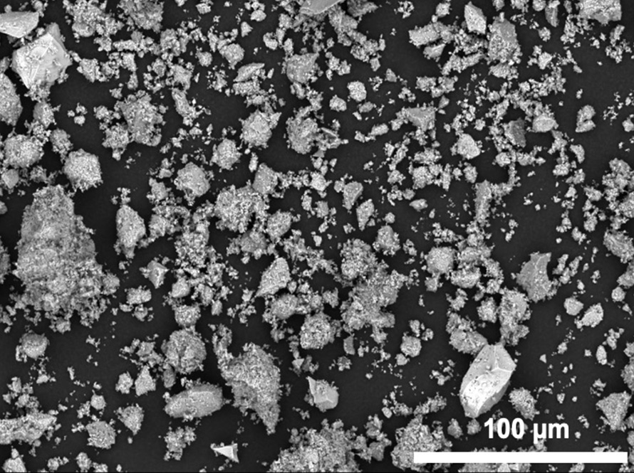 Gray particles of various sizes against a dark background, imaged here by a scanning electron microscope.