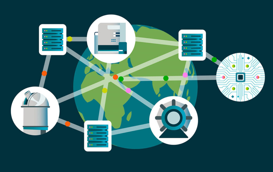 Illustration of a global network connected by various scientific equipment and data servers, with lines linking icons representing a telescope, servers, a computer chip, and other technology around a globe.