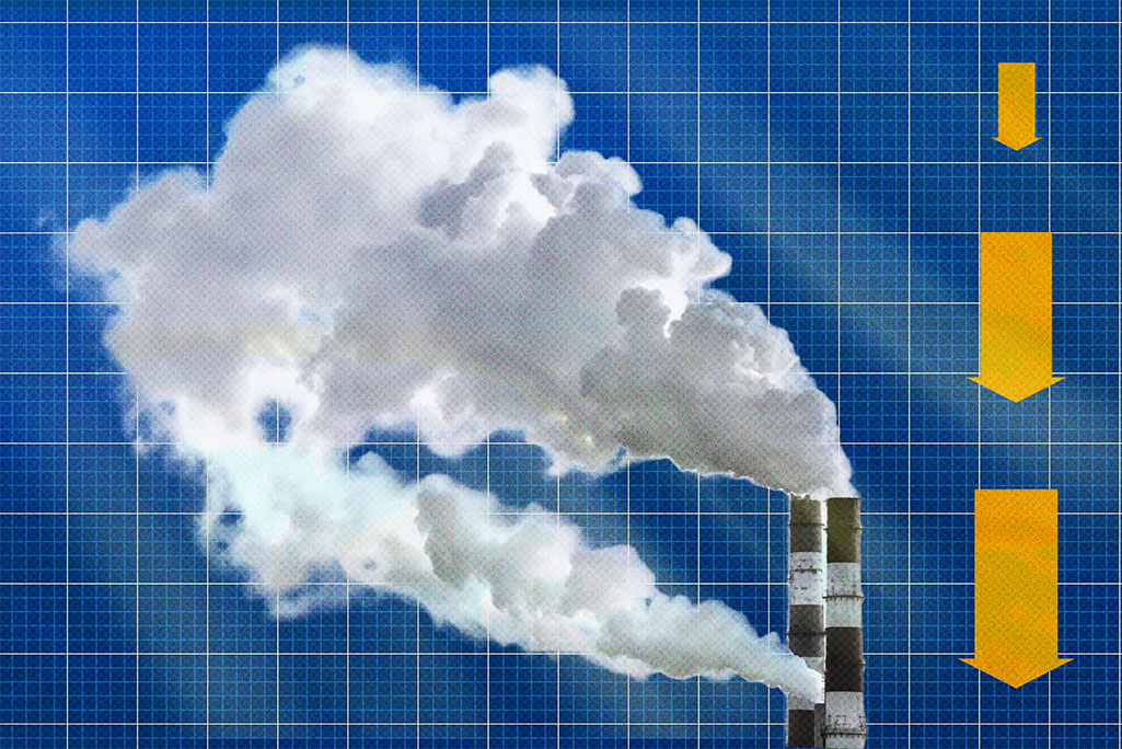 An illustration of factory smoke stacks emitting clouds of pollution, with three large yellow arrows pointing downward against a blue grid background.