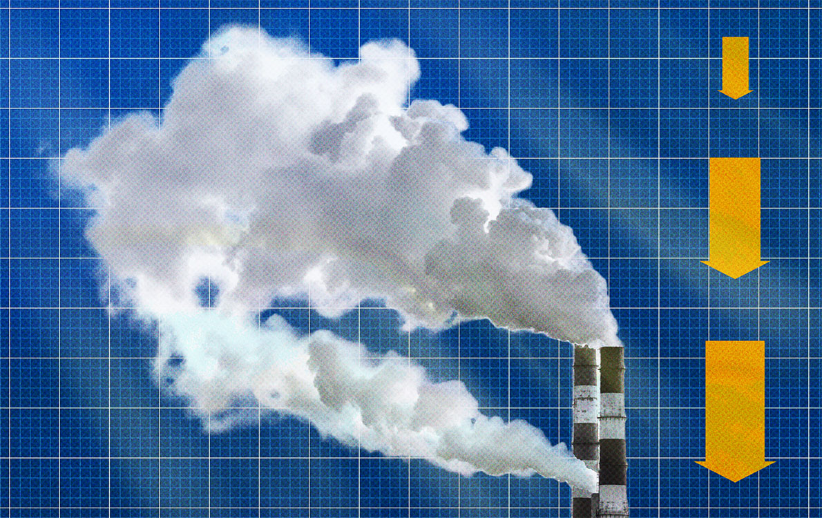 An illustration of factory smoke stacks emitting clouds of pollution, with three large yellow arrows pointing downward against a blue grid background.