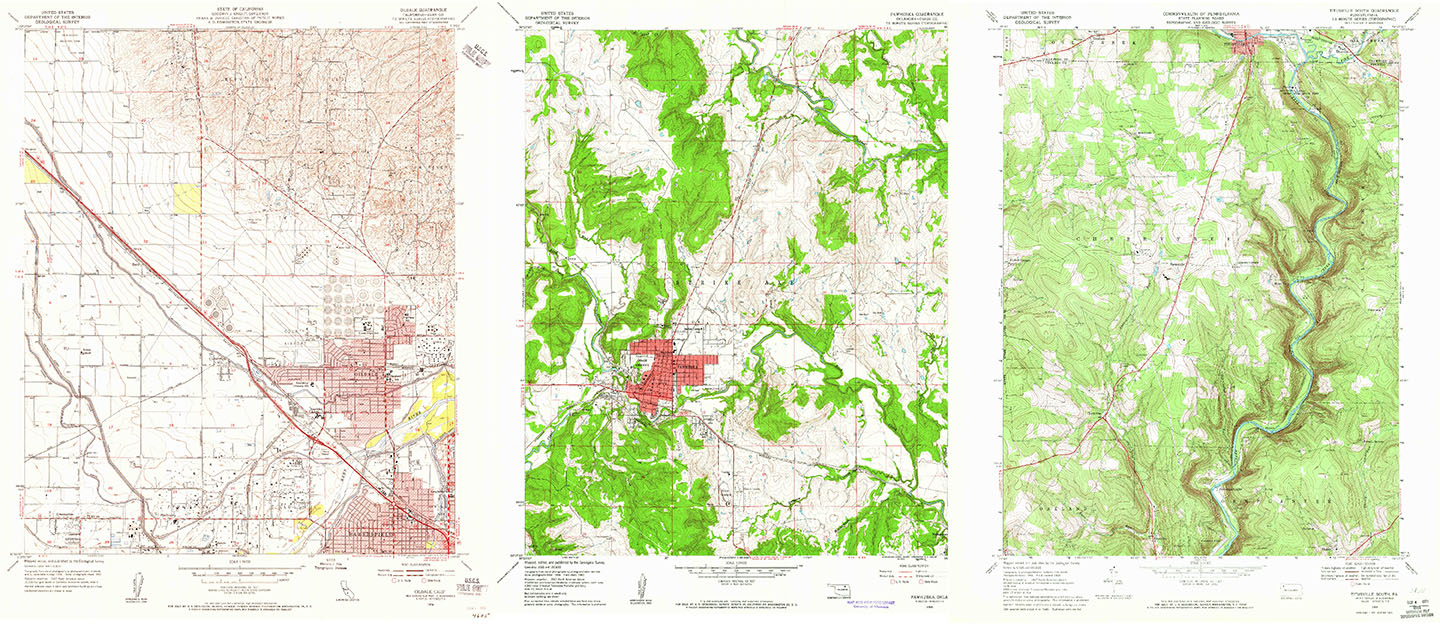 Collage of three topographic maps showing areas in California, Oklahoma, and Pennsylvania.