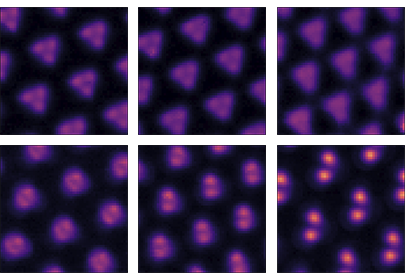 2 rows of 3 scanning tunnel microscope images showing purple shapes against a dark background.