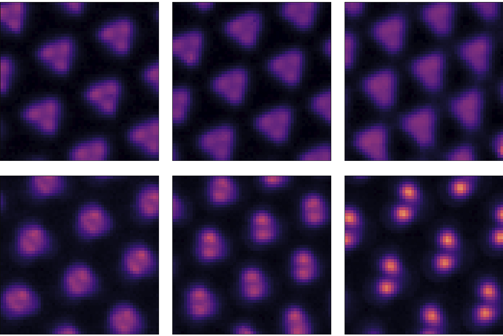 2 rows of 3 scanning tunnel microscope images showing purple shapes against a dark background.