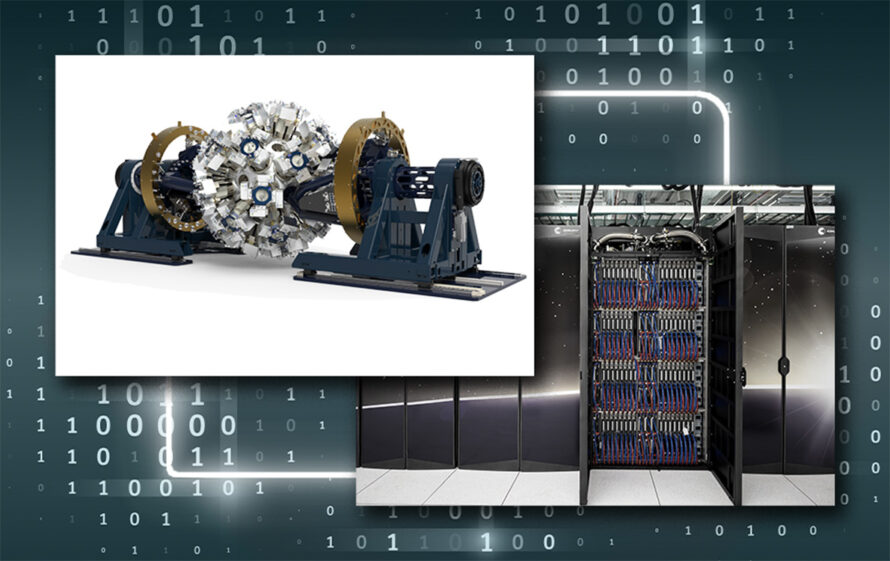 A composite graphic featuring a photo of the Oakridge supercomputer and GRETA.