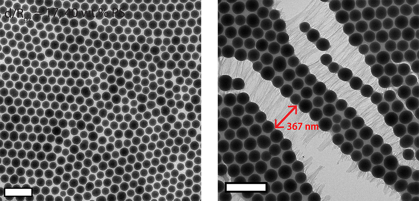 Microscope images of nanoparticles with polymer chains attached before (left) and after (right) deformation, showing long nanofiber formation with polymer chains stretching out.