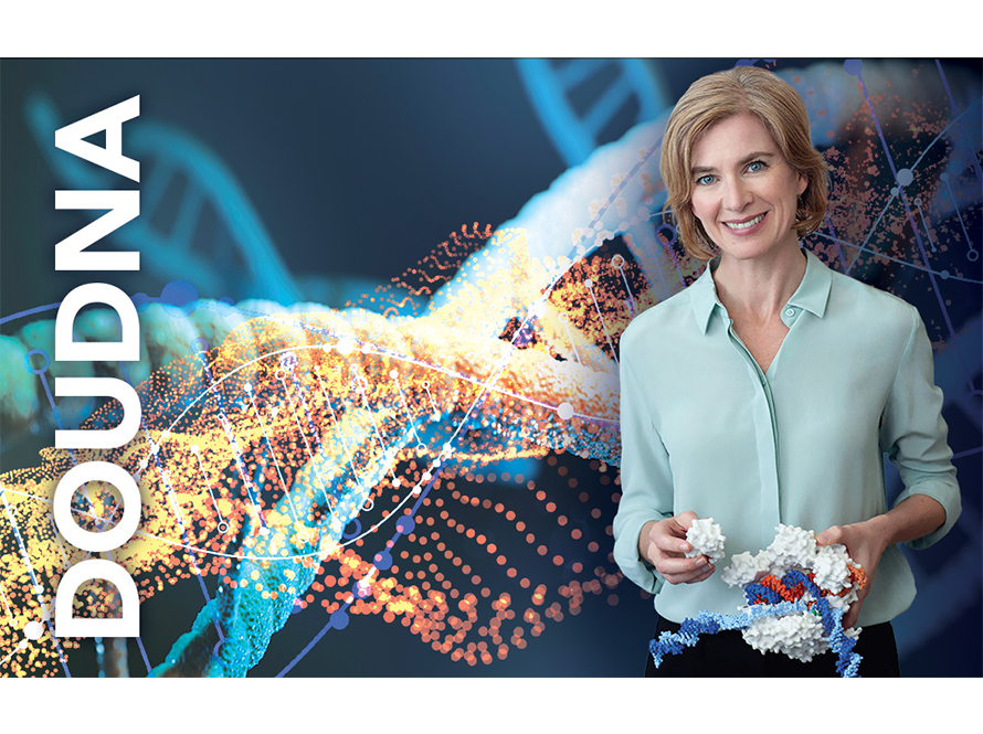 Jennifer Doudna holding a scientific tool in front of a colorful DNA helix background. The word "DOUDNA" is printed on the left side from the bottom to the top.
