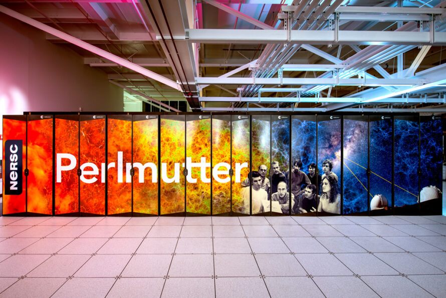 The colorful final panels on the exterior of the Perlmutter supercomputer photographed at the National Energy Research Scientific Computing Center.