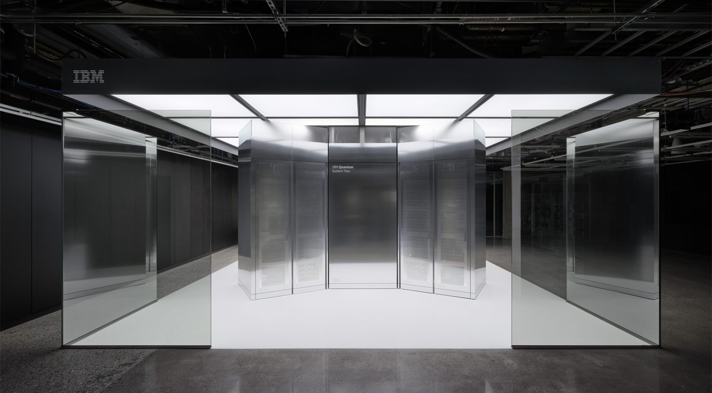 Black and white photo of IBM's quantum computers