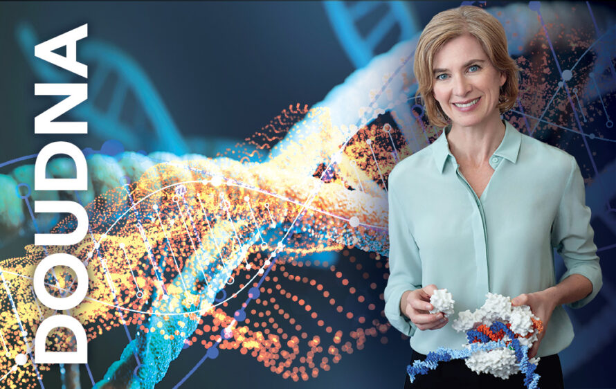 Jennifer Doudna holding a scientific tool in front of a colorful DNA helix background. The word 