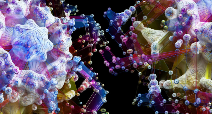 An abstract decorative representation of atoms in molecules interacting. Many colorful interconnecting particles on a black field.