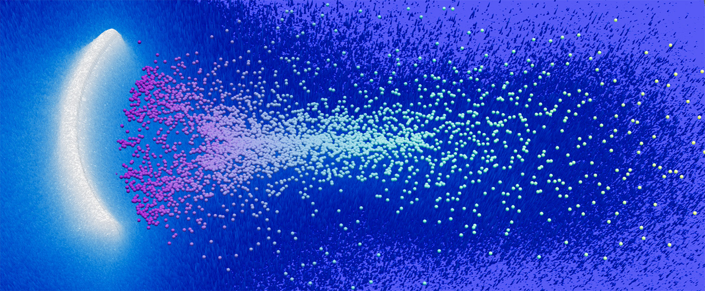 Light blue and purple dots on a dark blue background. A bright white arc is near the purple dots, which get closer together and become dominated by light blue dots.