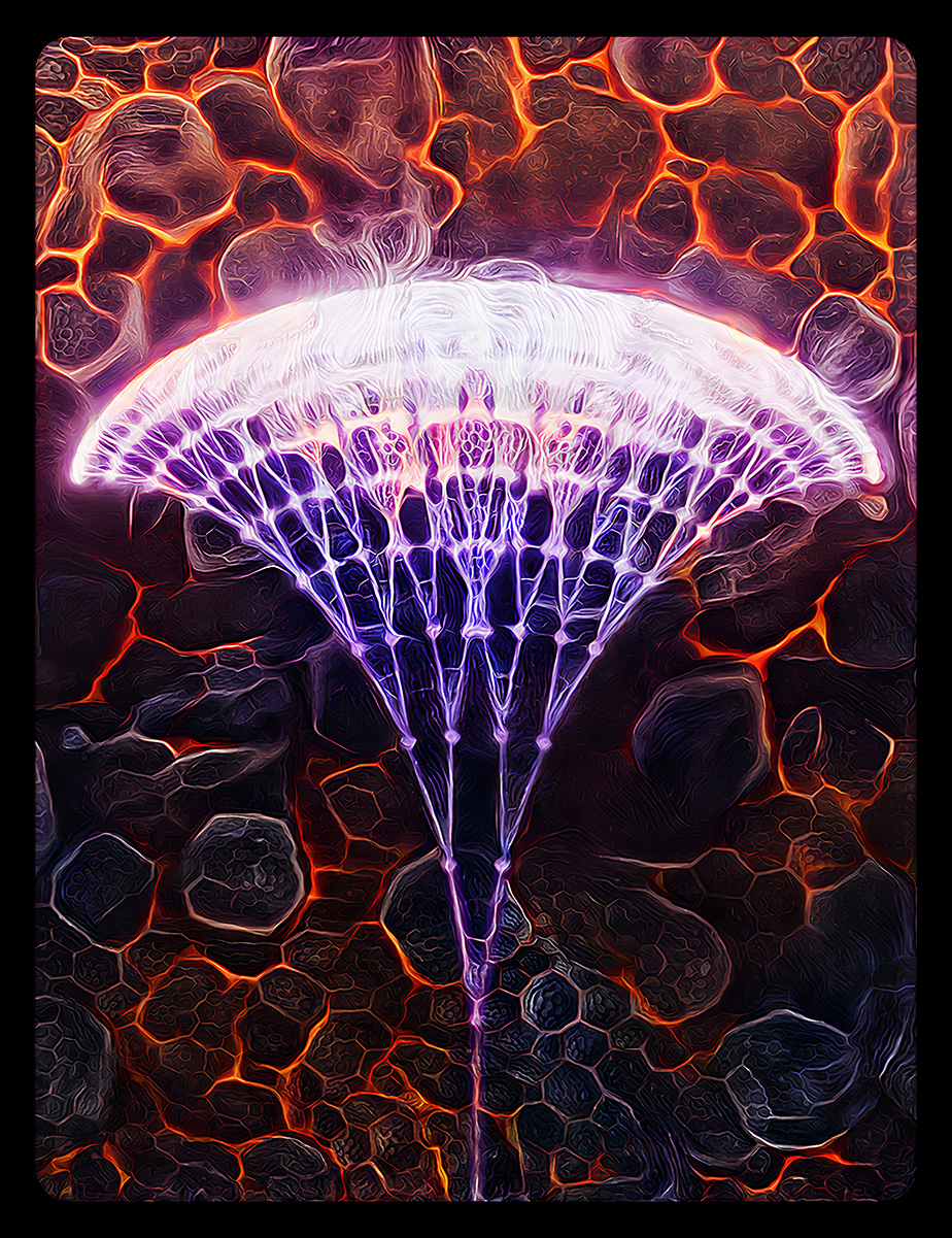 An artistic rendering of the chain reaction-type light avalanching process that occurs inside the avalanching nanoparticles resembling a pink glowing neural jellyfish shared network on top of red, orange and black glowing lava.