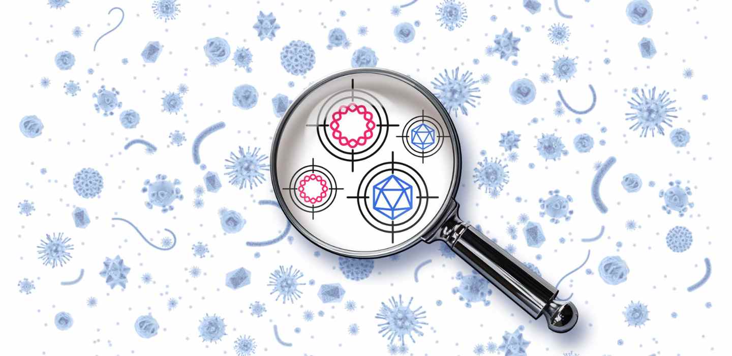 Illustration of a magnifying glass zooming in on mobile genetic elements (MGEs) among a background of diverse microbes, representing the identification and classification of MGEs.