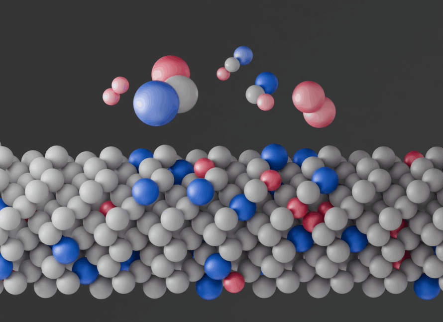 An illustration showing a layer of closely packed spheres, mostly gray, with a few blue and red ones mixed in. Floating above the layer are several small clusters of spheres in different arrangements of the blue, red, and gray.