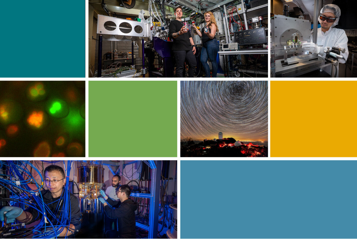 An image of nine panels showing either laboratory sciences, science figures, astronomical scenes, and colored blocks.