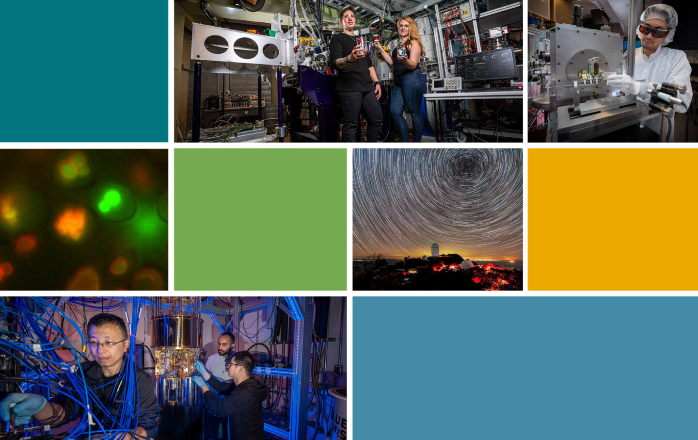 An image of nine panels showing either laboratory sciences, science figures, astronomical scenes, and colored blocks.