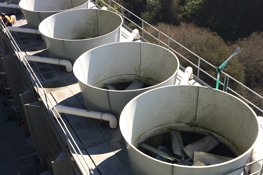 Image of white cooling towers at Berkeley Lab's National Energy Research Scientific Computing Center (NERSC)