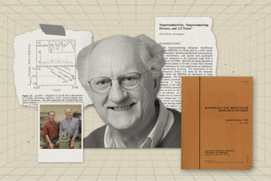 A collage featuring scientific graphs, a vintage lab photo of two researchers with an instrument, academic paper covers and excerpts from a paper on SQUIDs, and John Clarke.