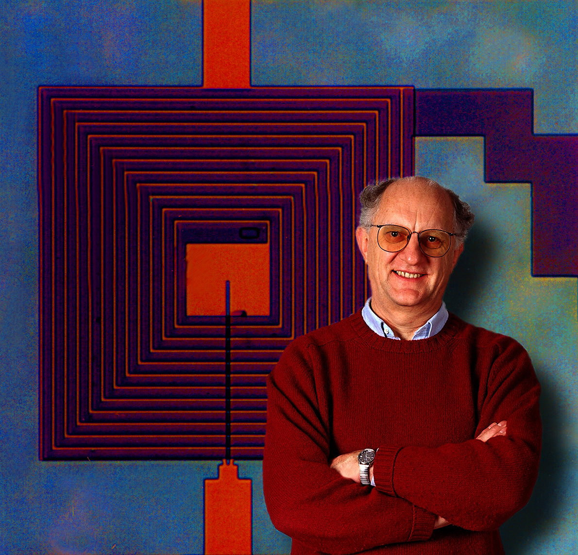 Digital composite of John Clarke posing next to a SQUID detector illustration.