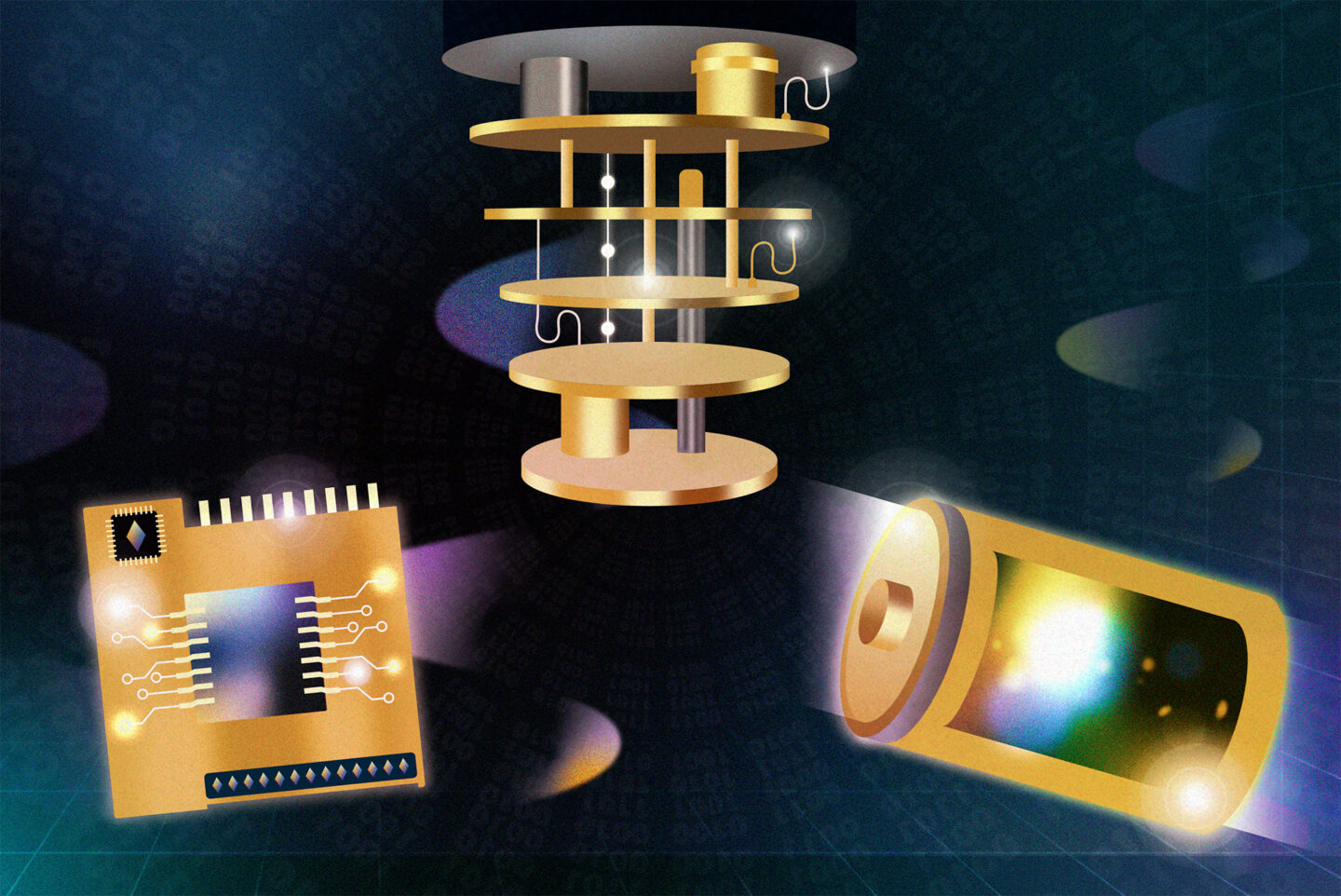 An illustration featuring three floating golden science and technology icons against a dark, glowing background: a multi-tiered quantum chandelier at the top, a microchip with circuit nodes on the lower left, and an open battery shell emitting bright light on the lower right.