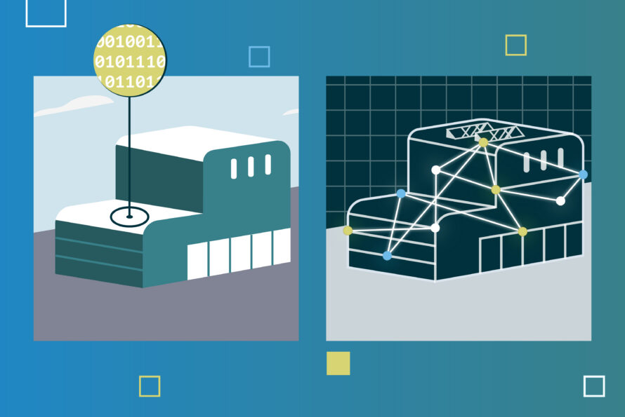 A diptych illustration depicting a building with a data node protruding on the left and a digital blueprint of the same building on the left.