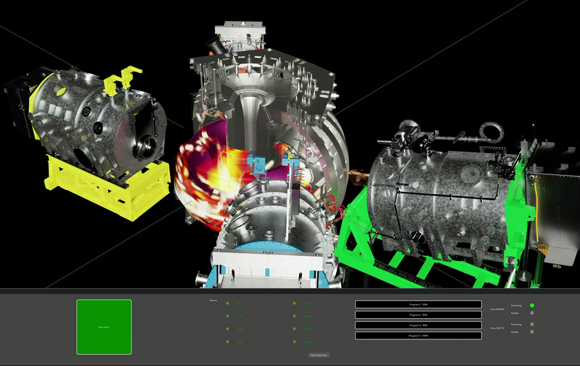 A simulation from a digital twin representing a fusion device. Plasma shape and position can be seen in red and yellow.