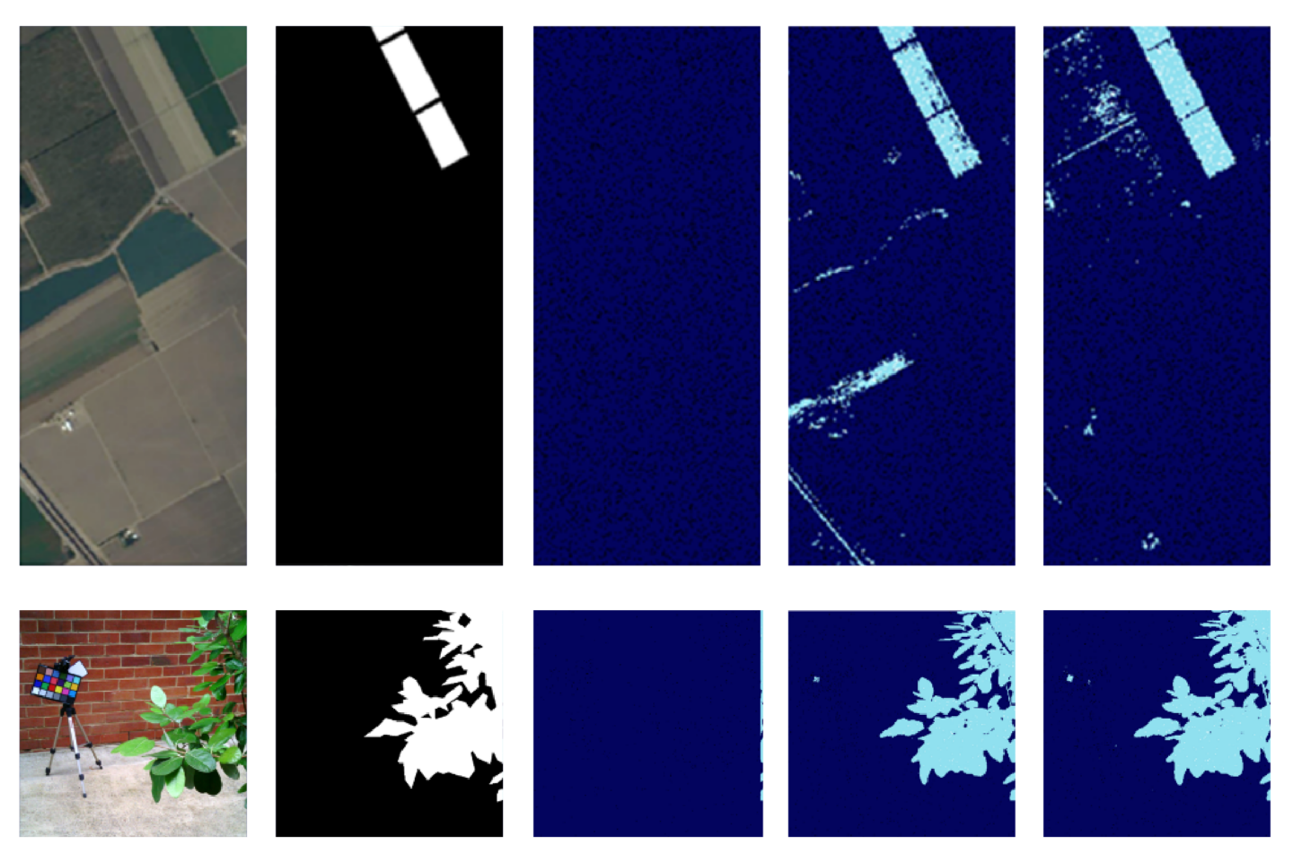 Two sets of sensor data images. The top row depicts crops from above while the bottom shows leaves.