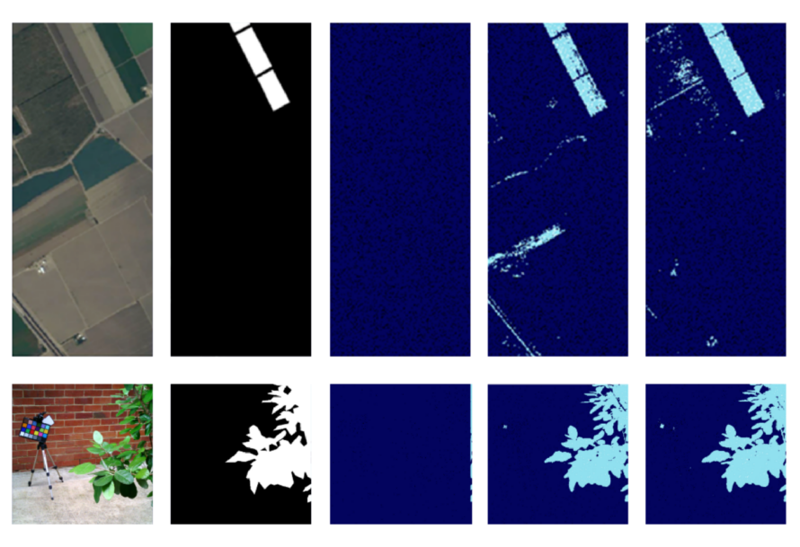 Two sets of sensor data images. The top row depicts crops from above while the bottom shows leaves.