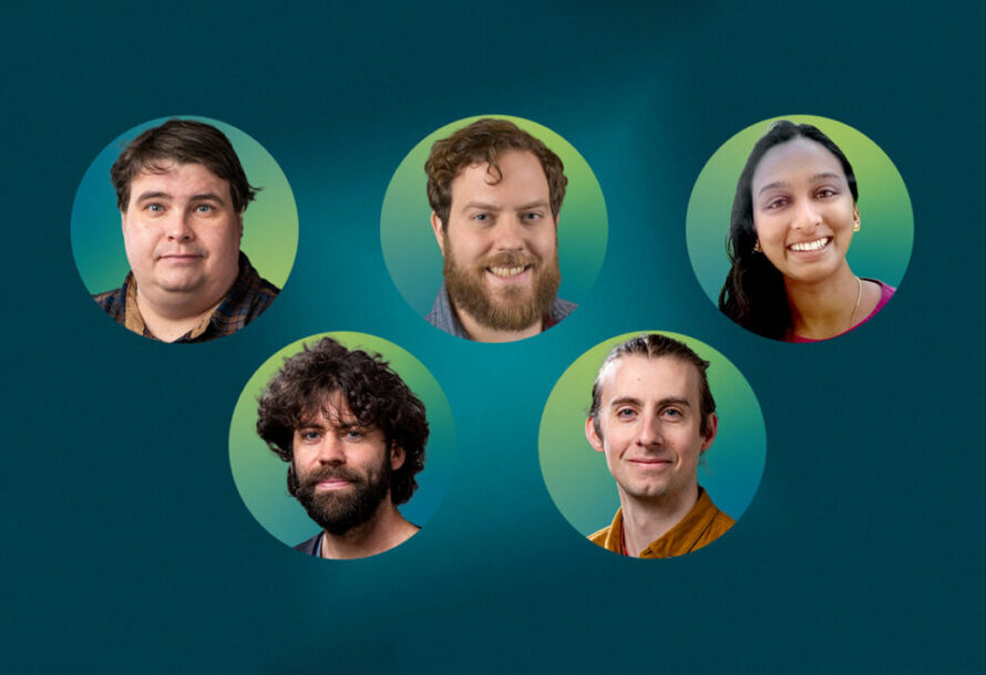 Five portraits of different scientists on a blue-green gradient background