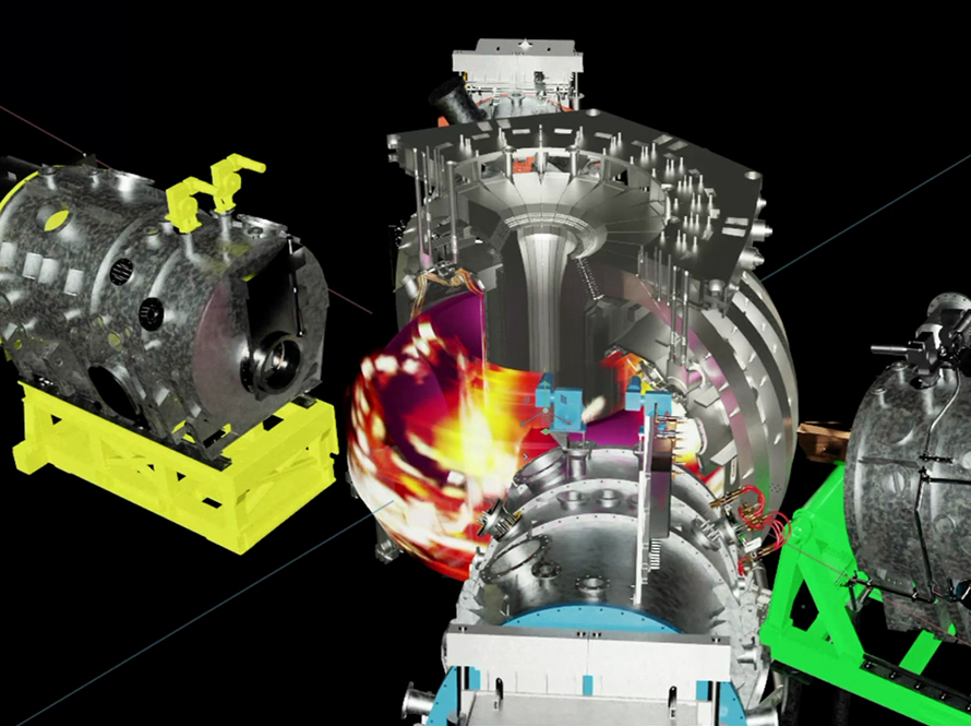 A simulation from a digital twin representing a fusion device. Plasma shape and position can be seen in red and yellow.